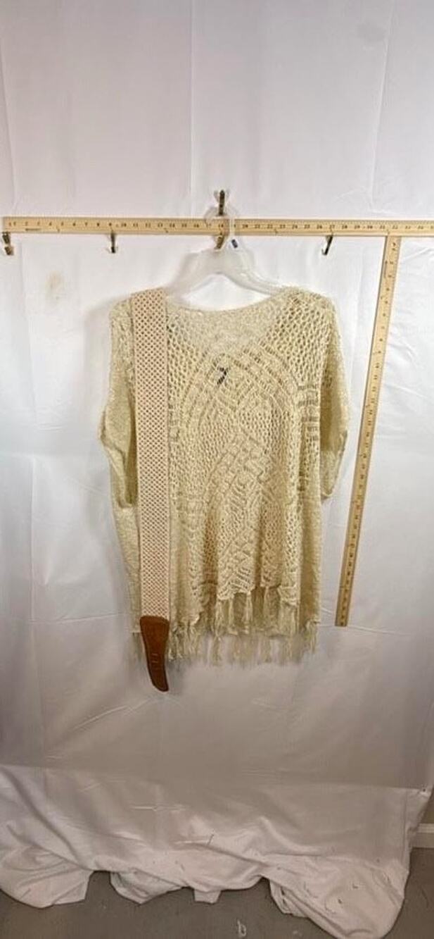 One World Crochet Open Knit Top Poncho Tank Blouse Belt Set Boho Cream Womens XL